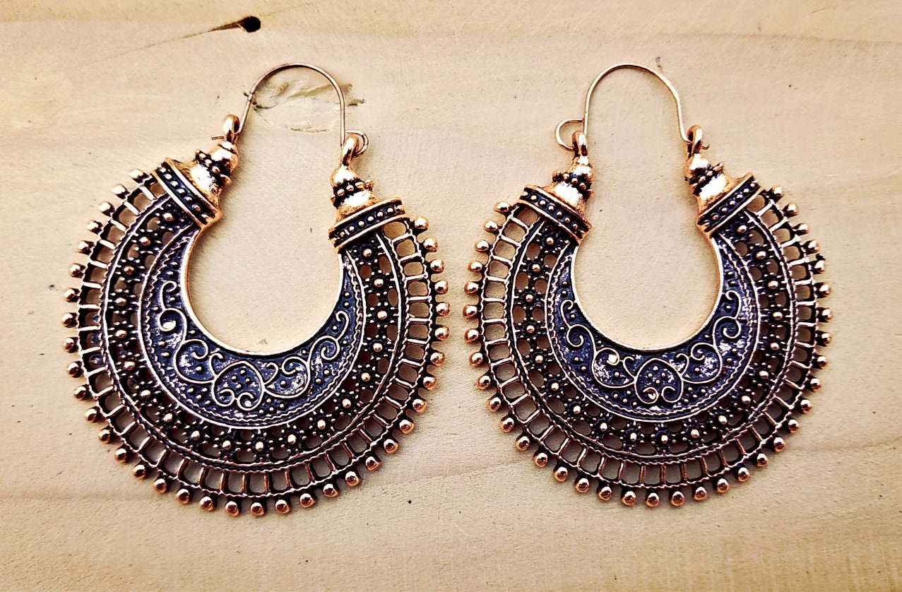 Crescent Earring,Silver Hoop ornate Earring- Rose gold Filigree Earring- Gypsy Jewelry -  Hoop Earrings Tribal Jewelry-