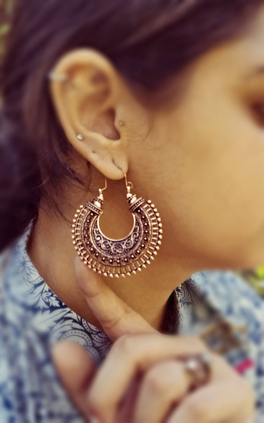 Crescent Earring,Silver Hoop ornate Earring- Rose gold Filigree Earring- Gypsy Jewelry -  Hoop Earrings Tribal Jewelry-