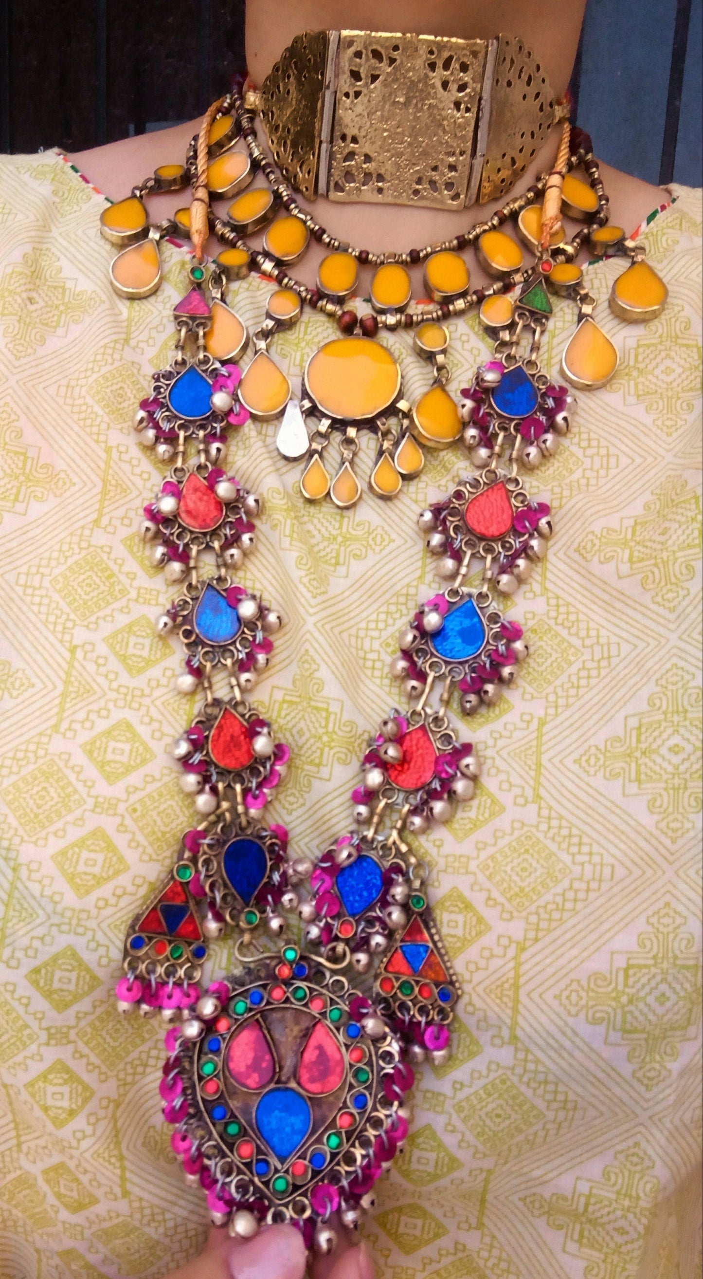 Gold choker necklace- Custom made bohemian necklace- One of a kind ethnic Pakistani necklace- Pakistani jewelry- Tribal statement necklace