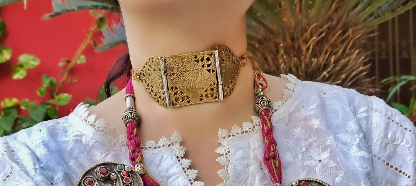 Gold choker necklace- Custom made bohemian necklace- One of a kind ethnic Pakistani necklace- Pakistani jewelry- Tribal statement necklace