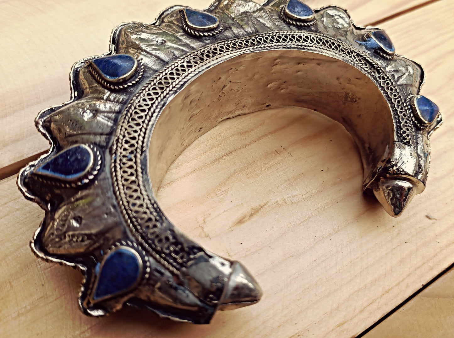 Lapis Cuff bracelet- Statement cuff- Bohemian tribal spiked cuff bracelet. Tribal antique silver bracelet. Antique Silver Spike Cuff-